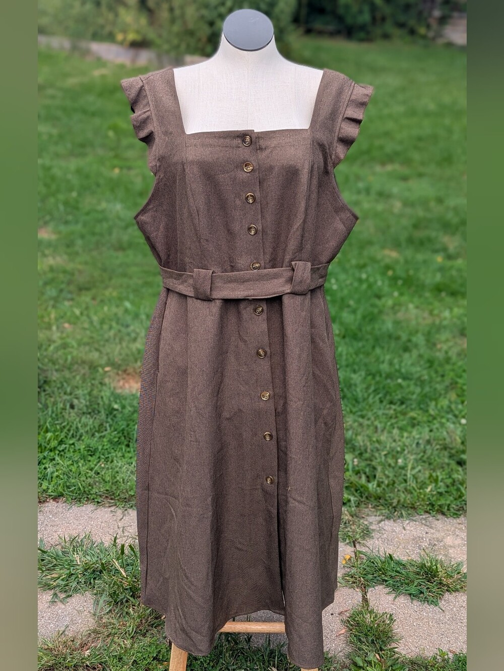 BloomChic Brown Button-Front Midi Dress with Belted Waist